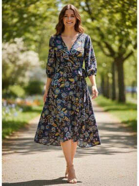 Eliza J Womens Wrap Floral A-Line Dress 18 Navy 3/4 Sleeve Midi Polyester